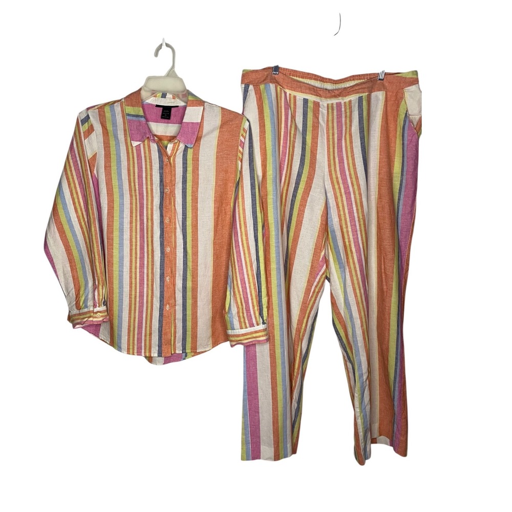 Ashley Stewart Striped Linen Blend 2 Piece Set Shirt 14 Pants 18 Multi Color